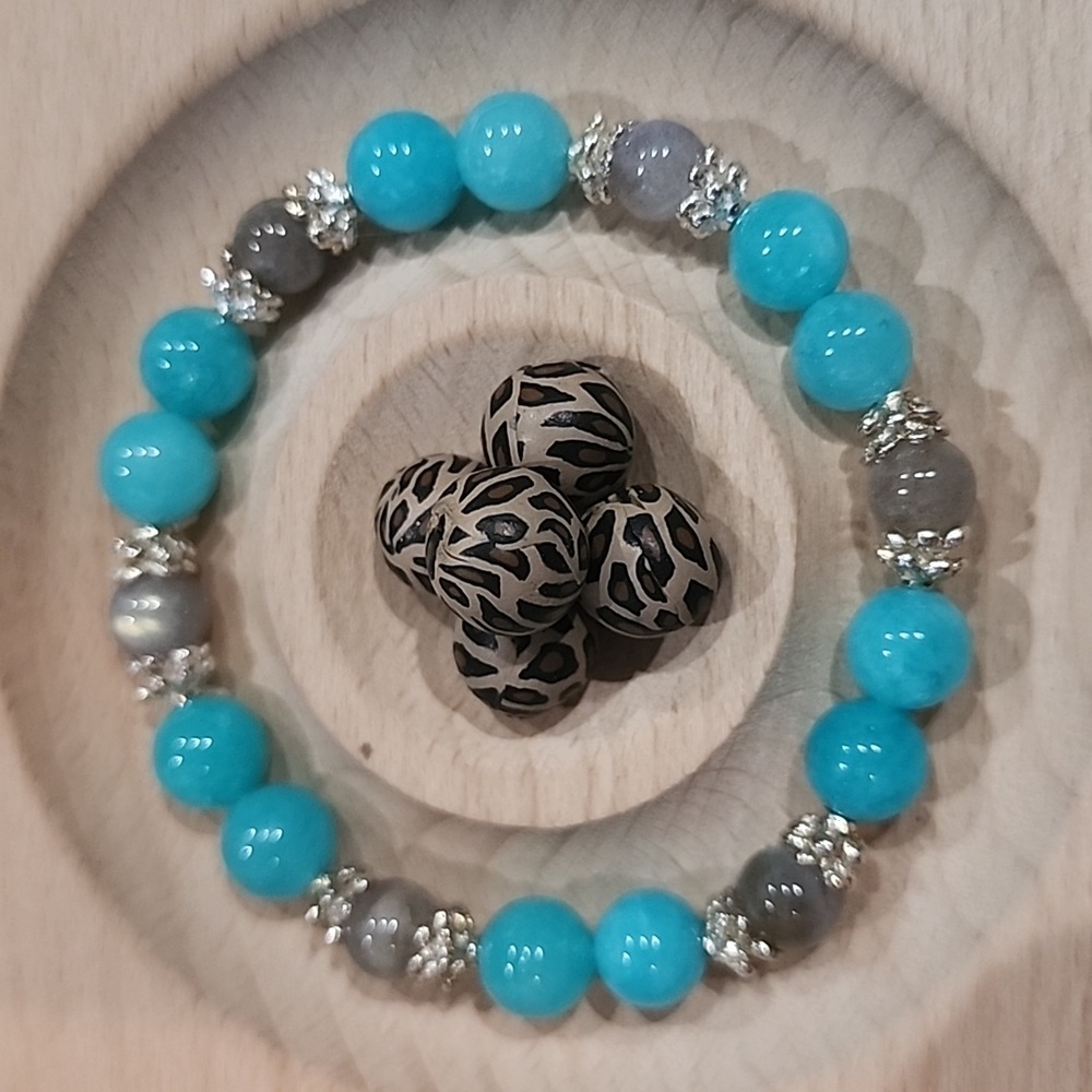 🔥 Natural Green Chalcedony & Labradorite Beads Bracelet 7 in